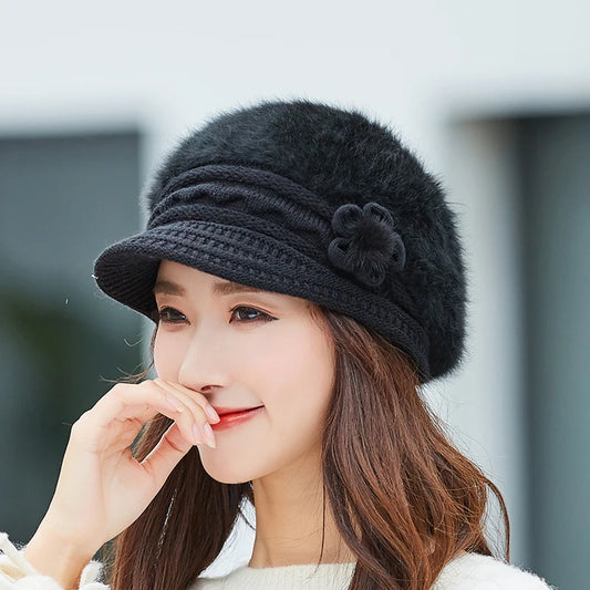 Woman's Knitted Berets Hats - Rabbit Fur