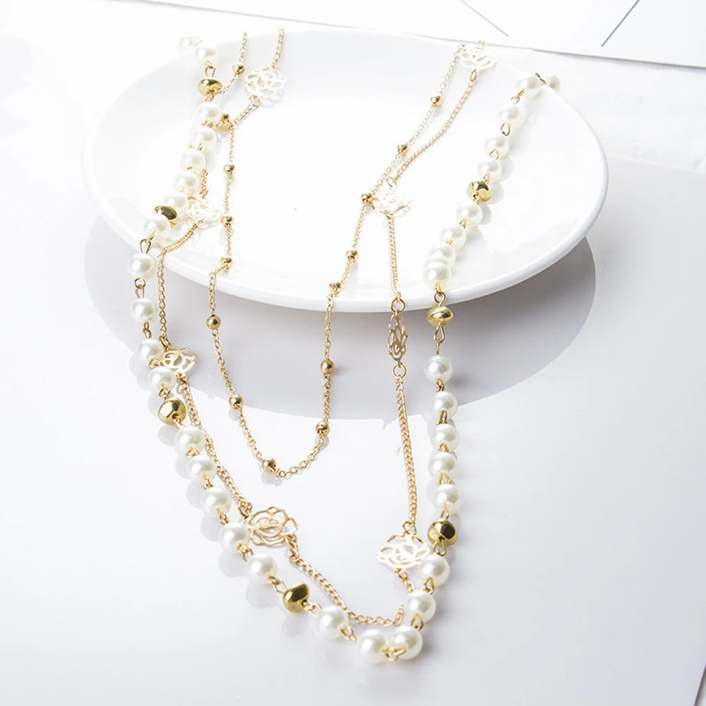 Long Double Layer Simulated Pearl Necklace