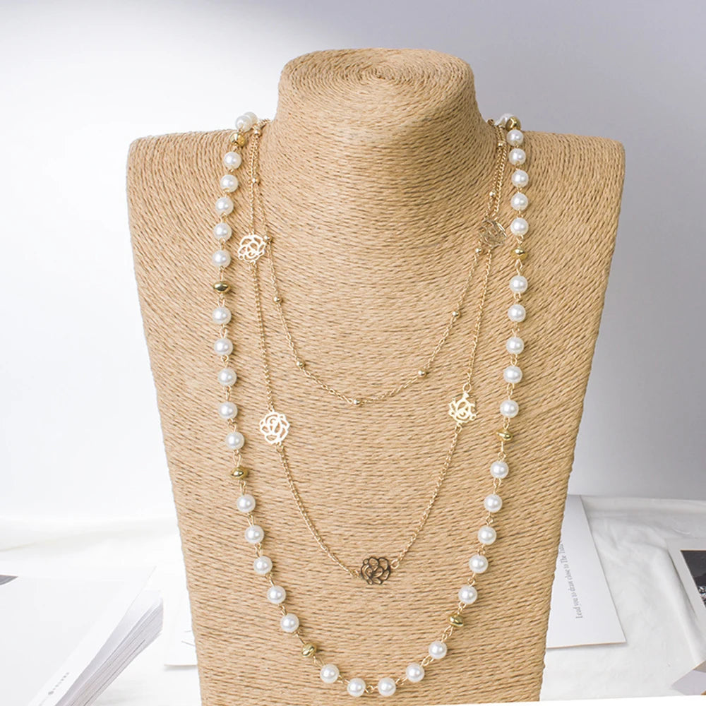 Long Double Layer Simulated Pearl Necklace