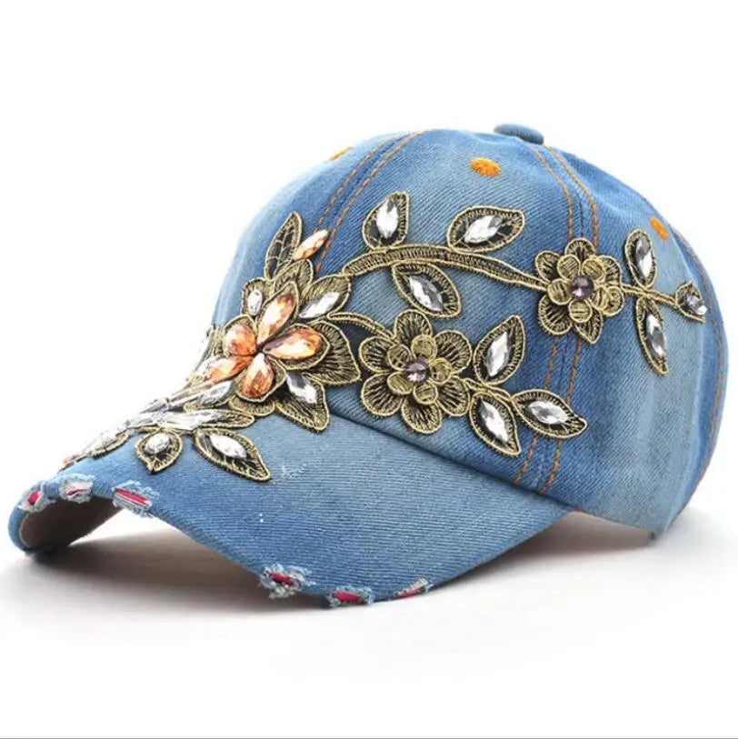 Women's Denim Baseball Cap with Diamond Painting & Embroidered Flower Design