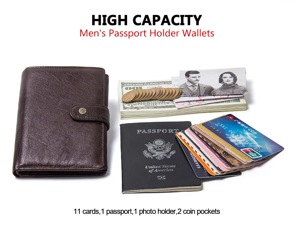 Men's Genuine Cow Leather Clutch Wallet With Passport Photo Holder