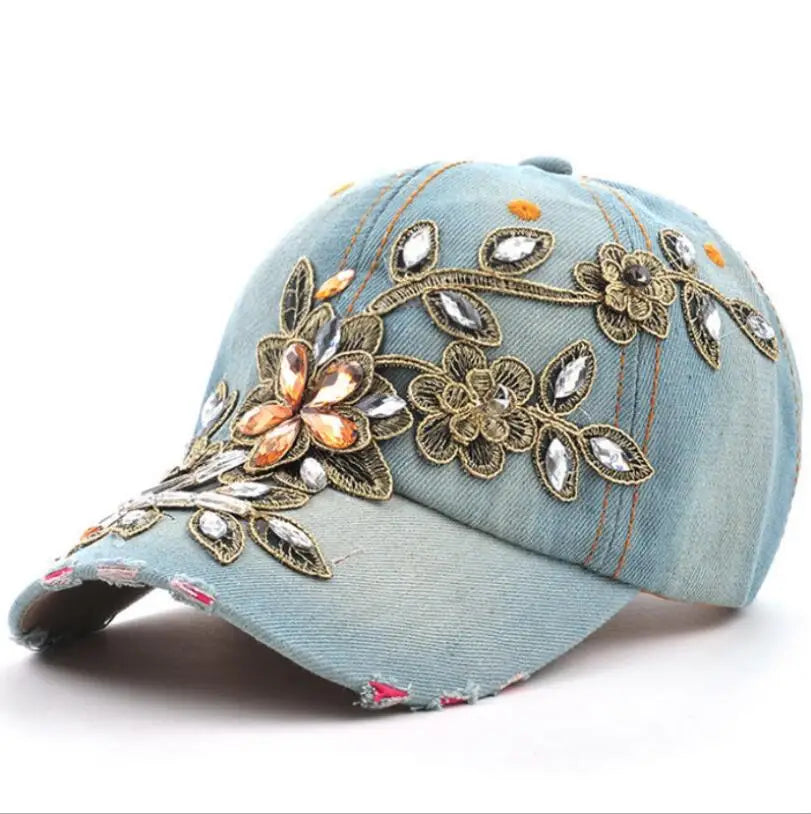 Women's Denim Baseball Cap with Diamond Painting & Embroidered Flower Design