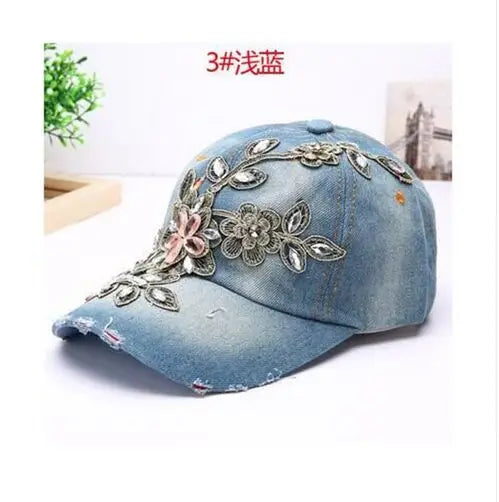 Women's Denim Baseball Cap with Diamond Painting & Embroidered Flower Design