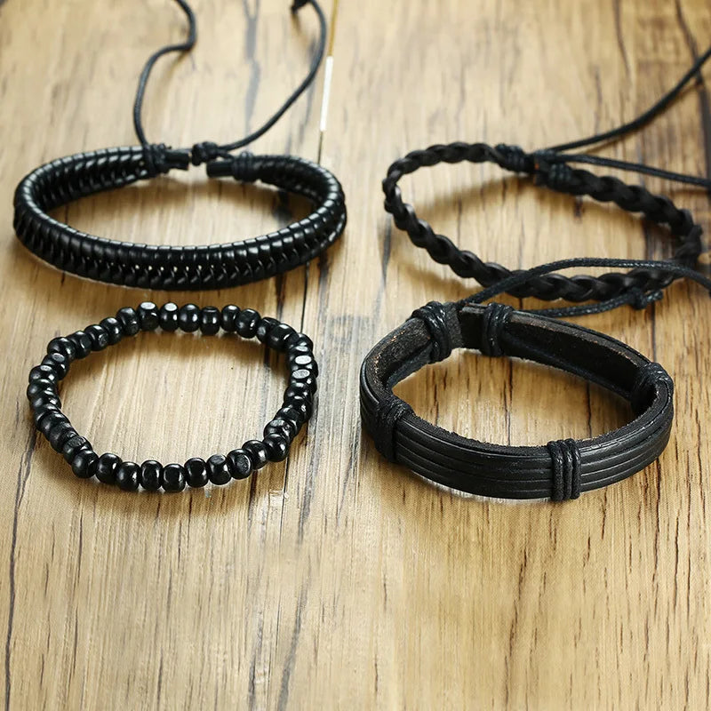 4pcs Set -Black  Bohemia Bangle Bracelets - Length Adjustable