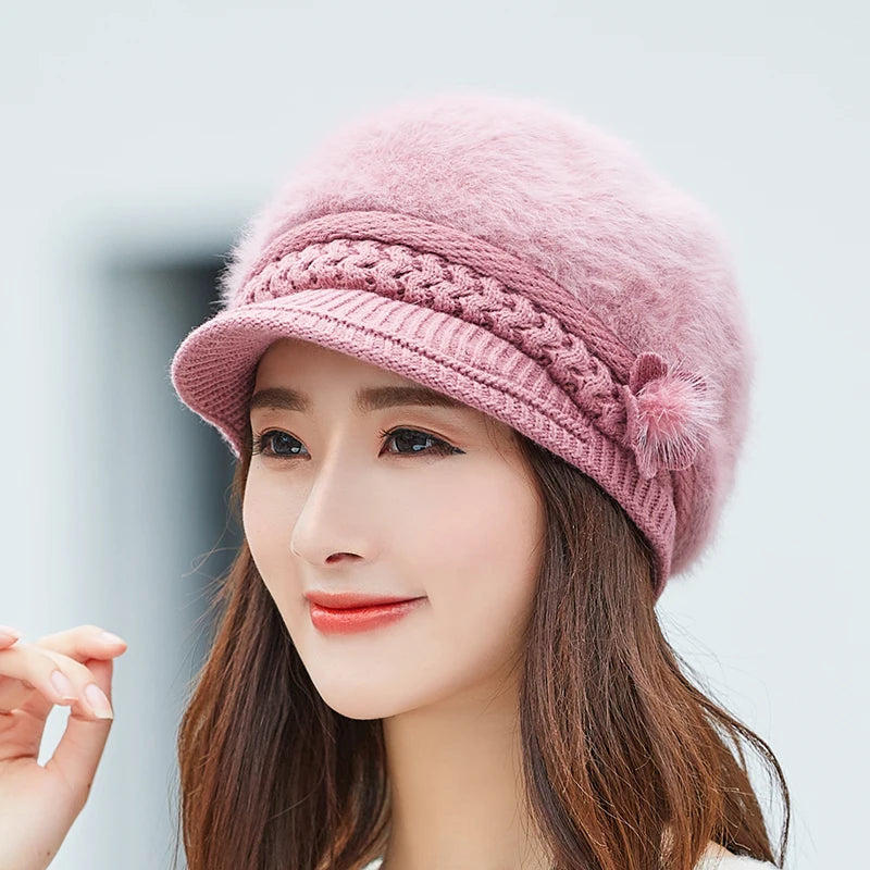 Woman's Knitted Berets Hats - Rabbit Fur