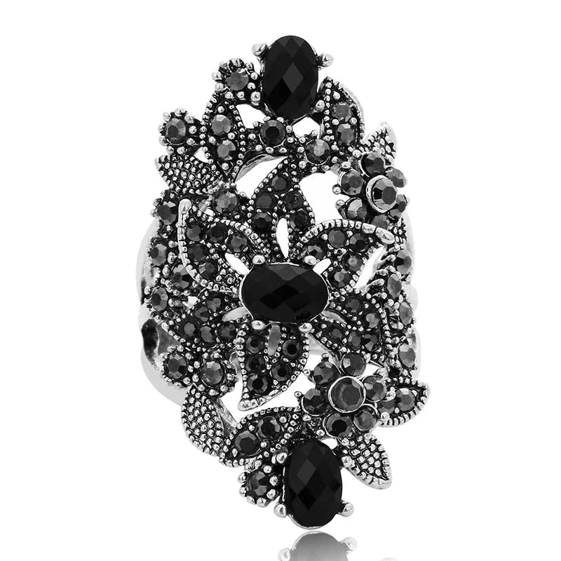 Vintage Black Crystal Rhinestone Flower Ring