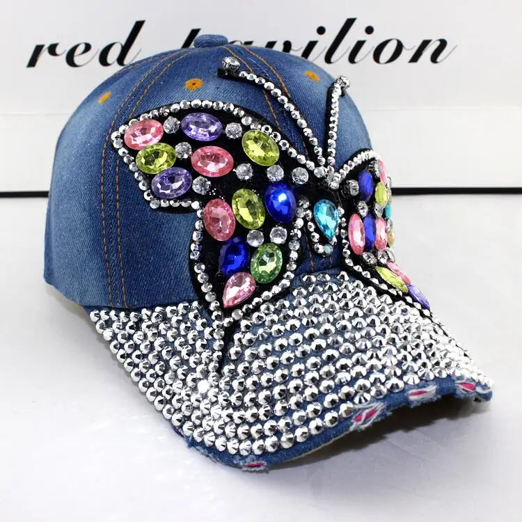 Woman's Denim Rhinestone Base Ball Cap with Full Crystal Bill