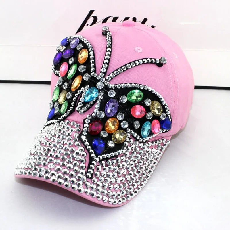 Woman's Denim Rhinestone Base Ball Cap with Full Crystal Bill