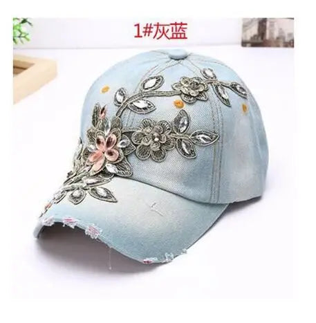 Women's Denim Baseball Cap with Diamond Painting & Embroidered Flower Design