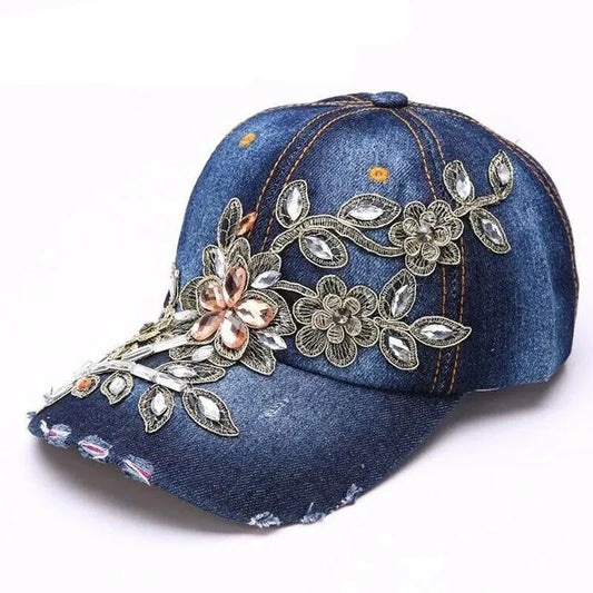 Women's Denim Baseball Cap with Diamond Painting & Embroidered Flower Design