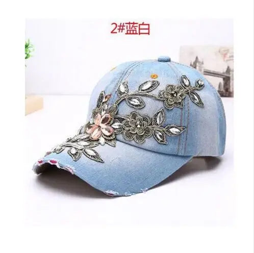 Women's Denim Baseball Cap with Diamond Painting & Embroidered Flower Design