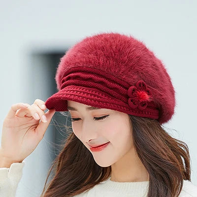 Woman's Knitted Berets Hats - Rabbit Fur