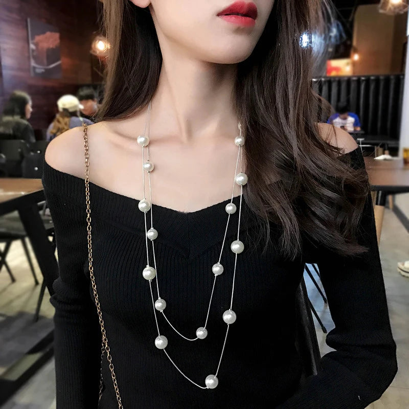 Long Double Layer Simulated Pearl Necklace