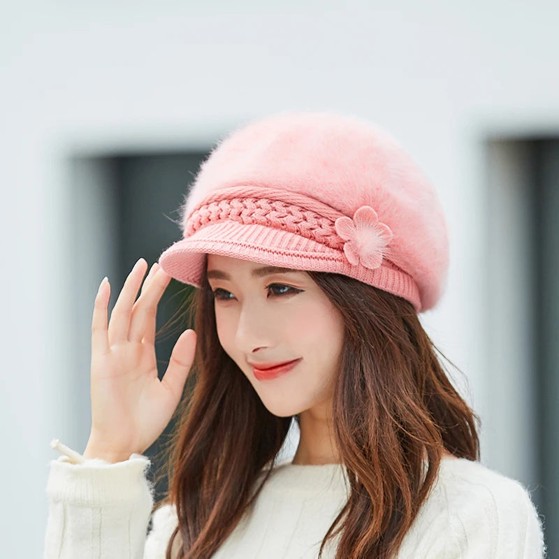 Woman's Knitted Berets Hats - Rabbit Fur