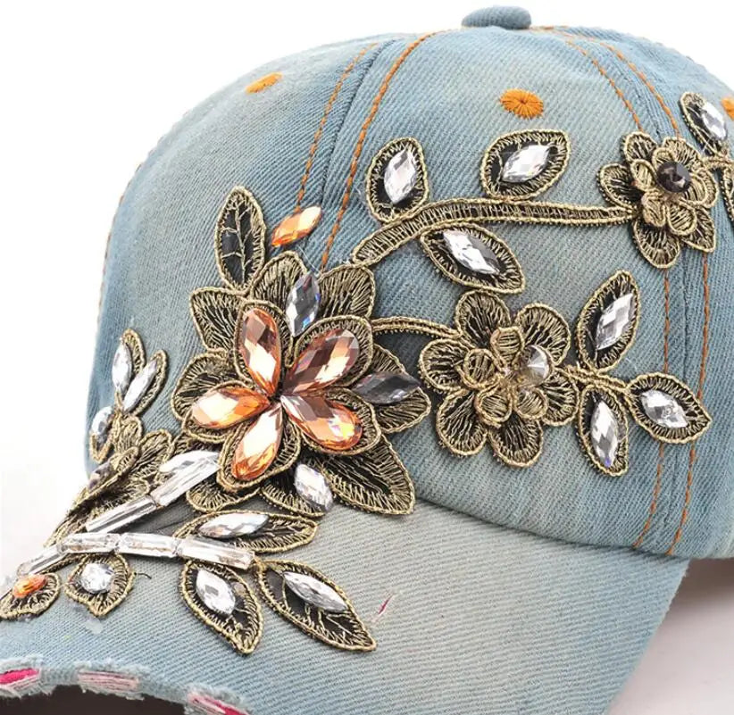 Women's Denim Baseball Cap with Diamond Painting & Embroidered Flower Design