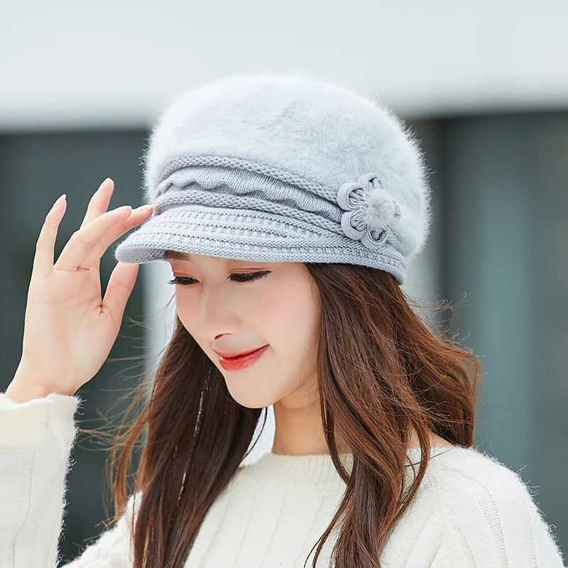 Woman's Knitted Berets Hats - Rabbit Fur