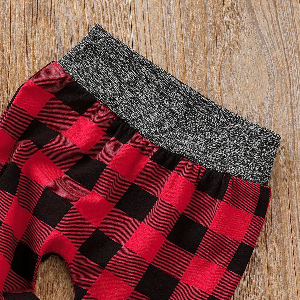 2pcs set- Solid Long-sleeve Hooded Bodysuit and Plaid Print Pants