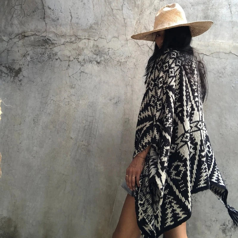 Woman's Boho Poncho -black & white