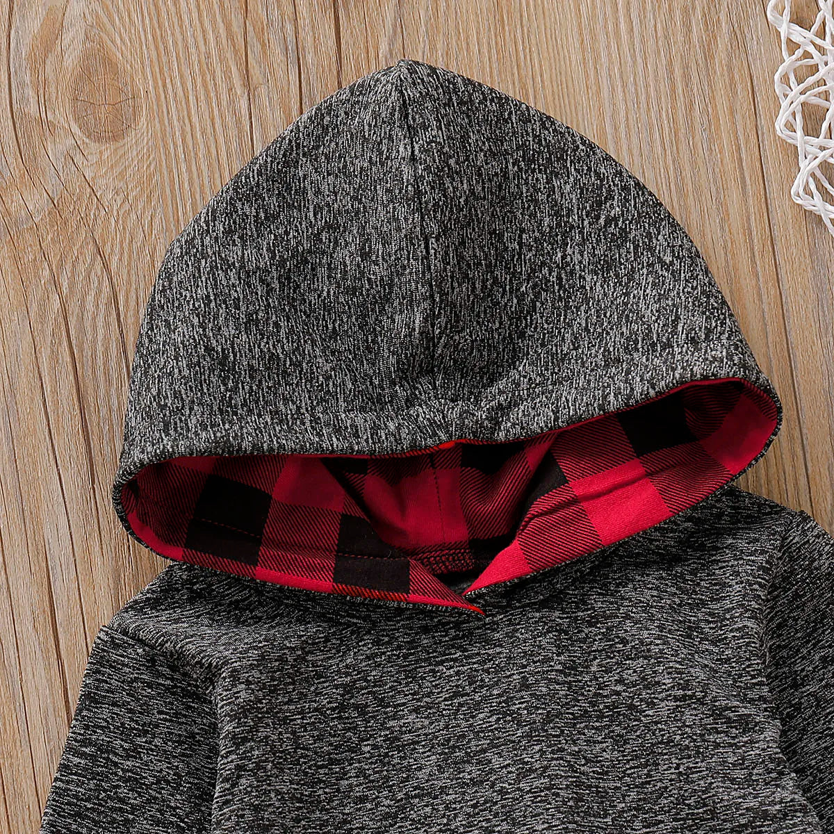 2pcs set- Solid Long-sleeve Hooded Bodysuit and Plaid Print Pants