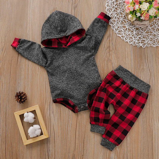 2pcs set- Solid Long-sleeve Hooded Bodysuit and Plaid Print Pants