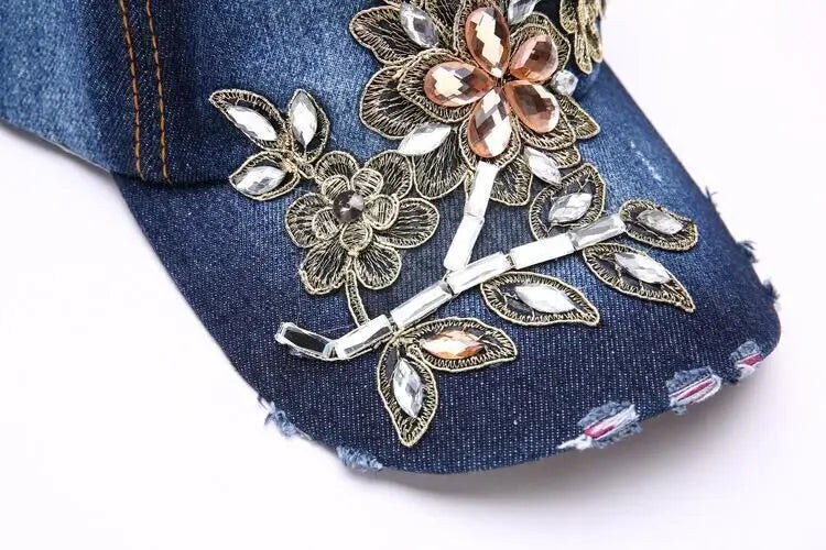 Women's Denim Baseball Cap with Diamond Painting & Embroidered Flower Design