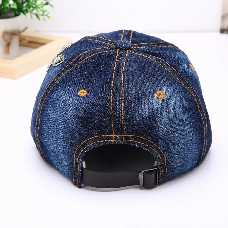 Women's Denim Baseball Cap with Diamond Painting & Embroidered Flower Design