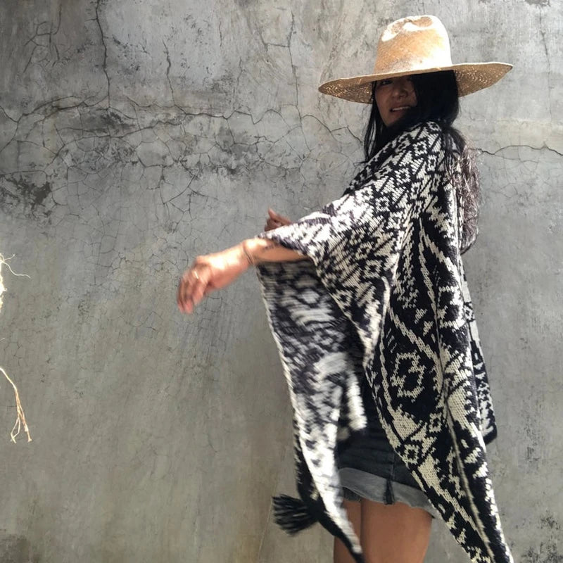 Woman's Boho Poncho -black & white