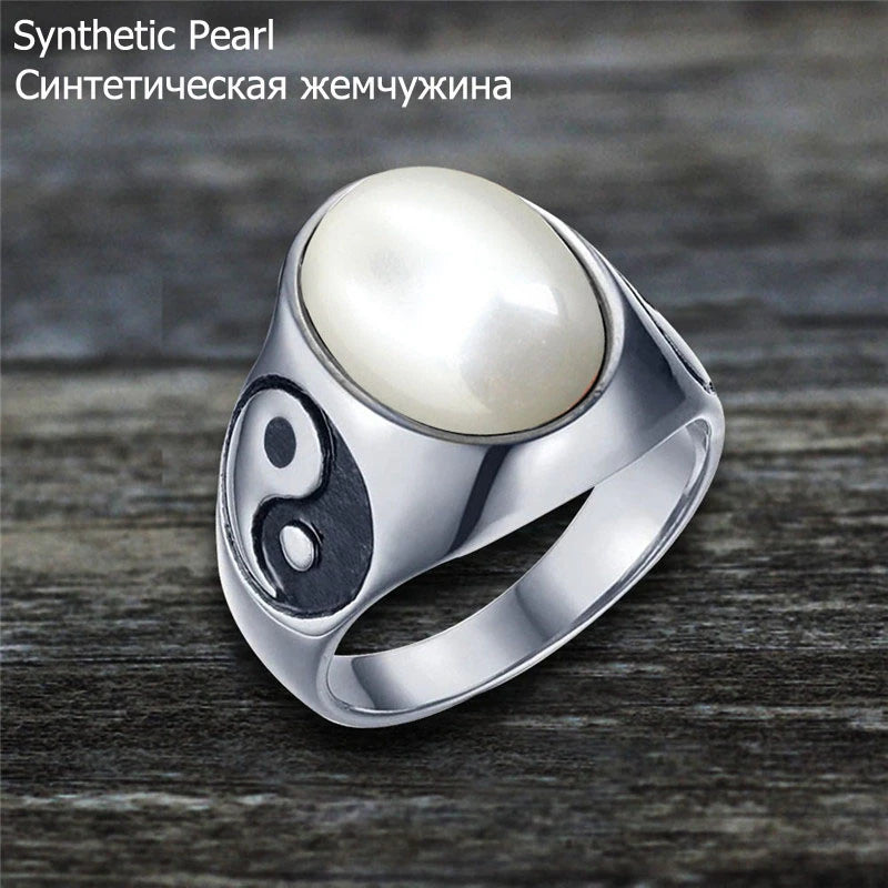 Oval Stainless Steel Yin And Yang Ring with Natural Stone