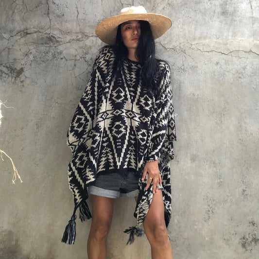 Woman's Boho Poncho -black & white