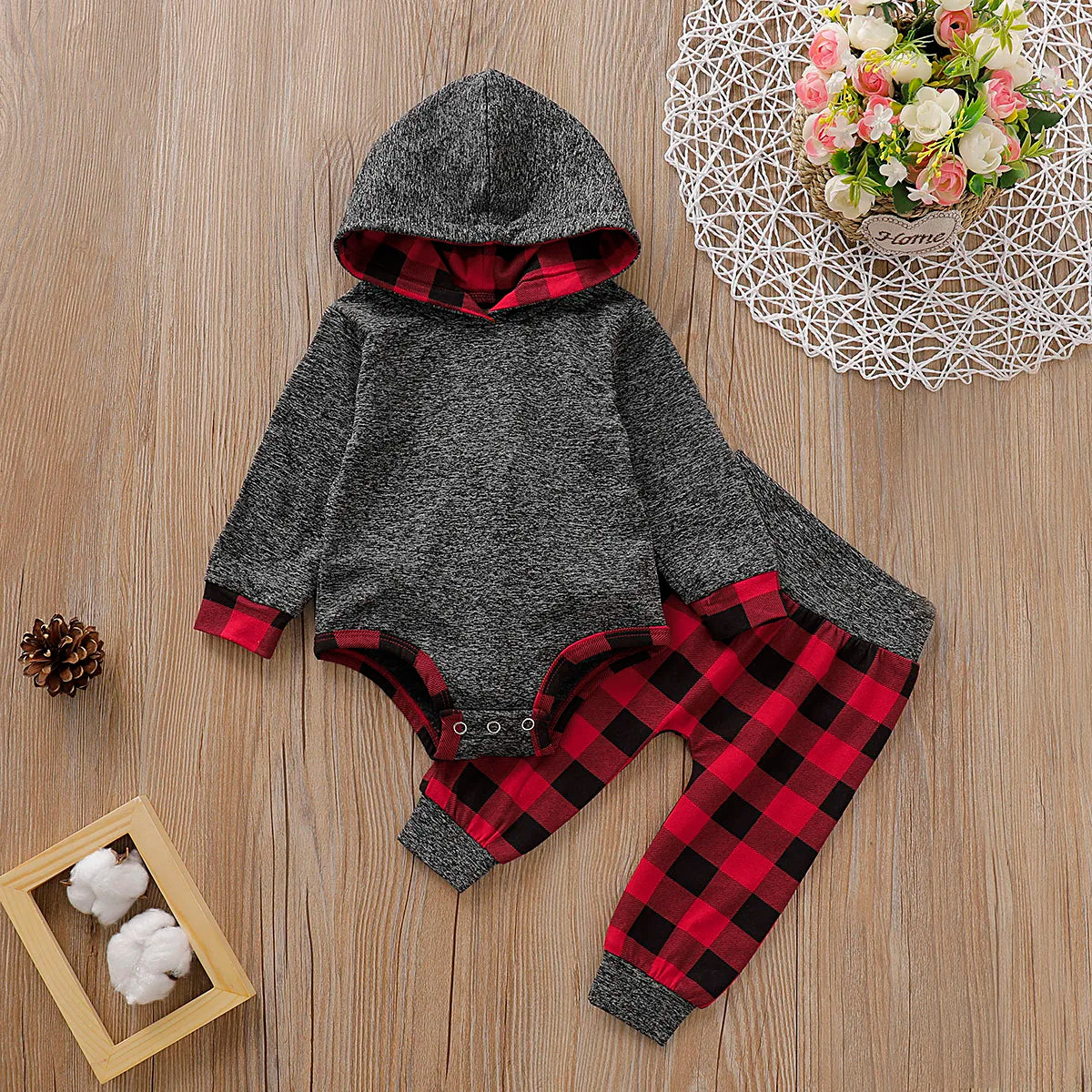 2pcs set- Solid Long-sleeve Hooded Bodysuit and Plaid Print Pants