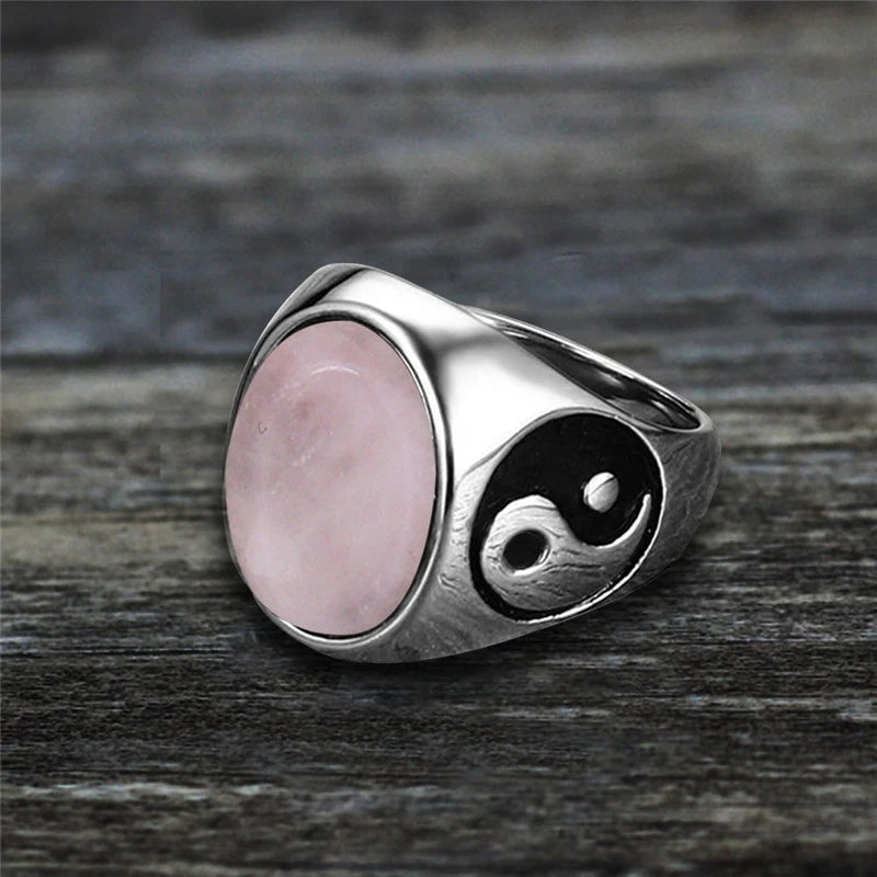 Oval Stainless Steel Yin And Yang Ring with Natural Stone