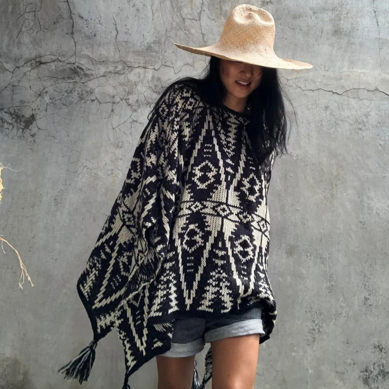 Woman's Boho Poncho -black & white