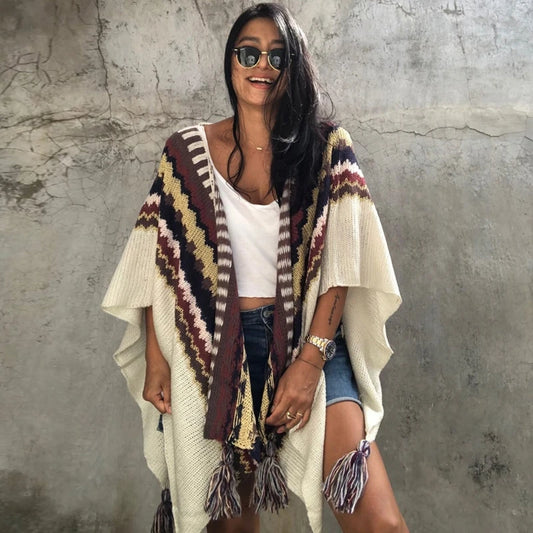 Navajo Style Poncho Knit Cardigan With Tassels & Bat Wing arm