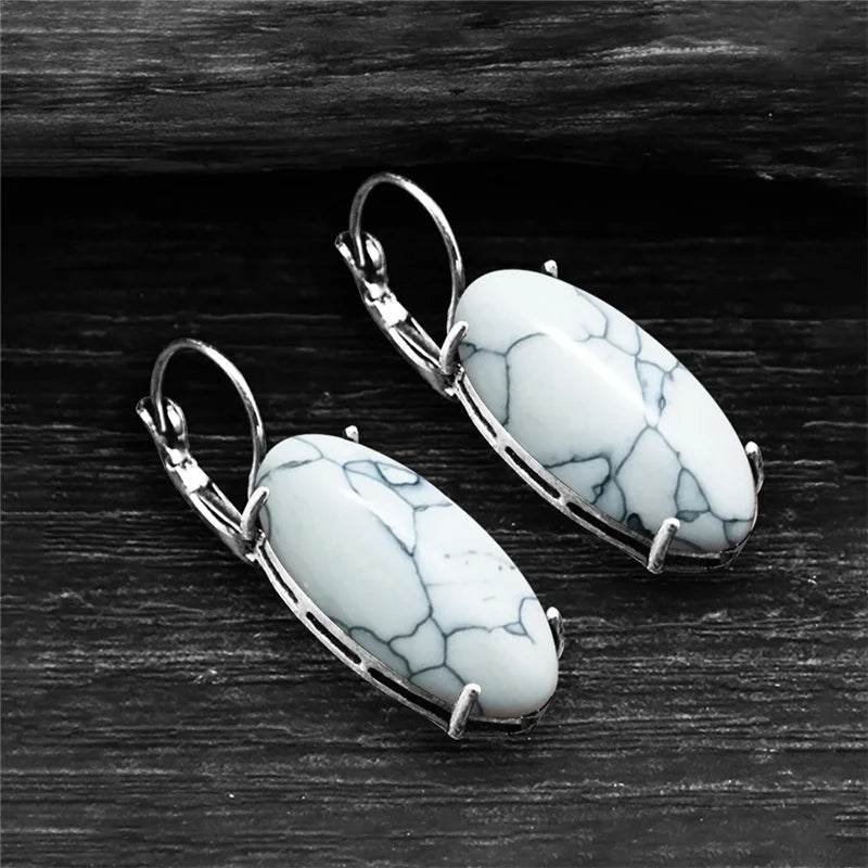 Big Vintage Silver Plated Eye Shape Synthetic Turquoises Earrings