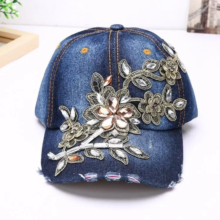 Women's Denim Baseball Cap with Diamond Painting & Embroidered Flower Design