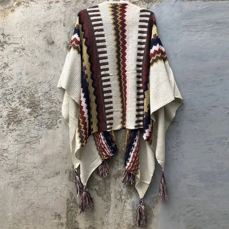 Navajo Style Poncho Knit Cardigan With Tassels & Bat Wing arm