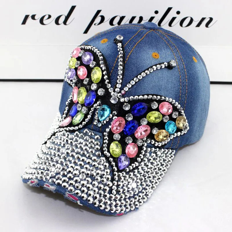 Woman's Denim Rhinestone Base Ball Cap with Full Crystal Bill