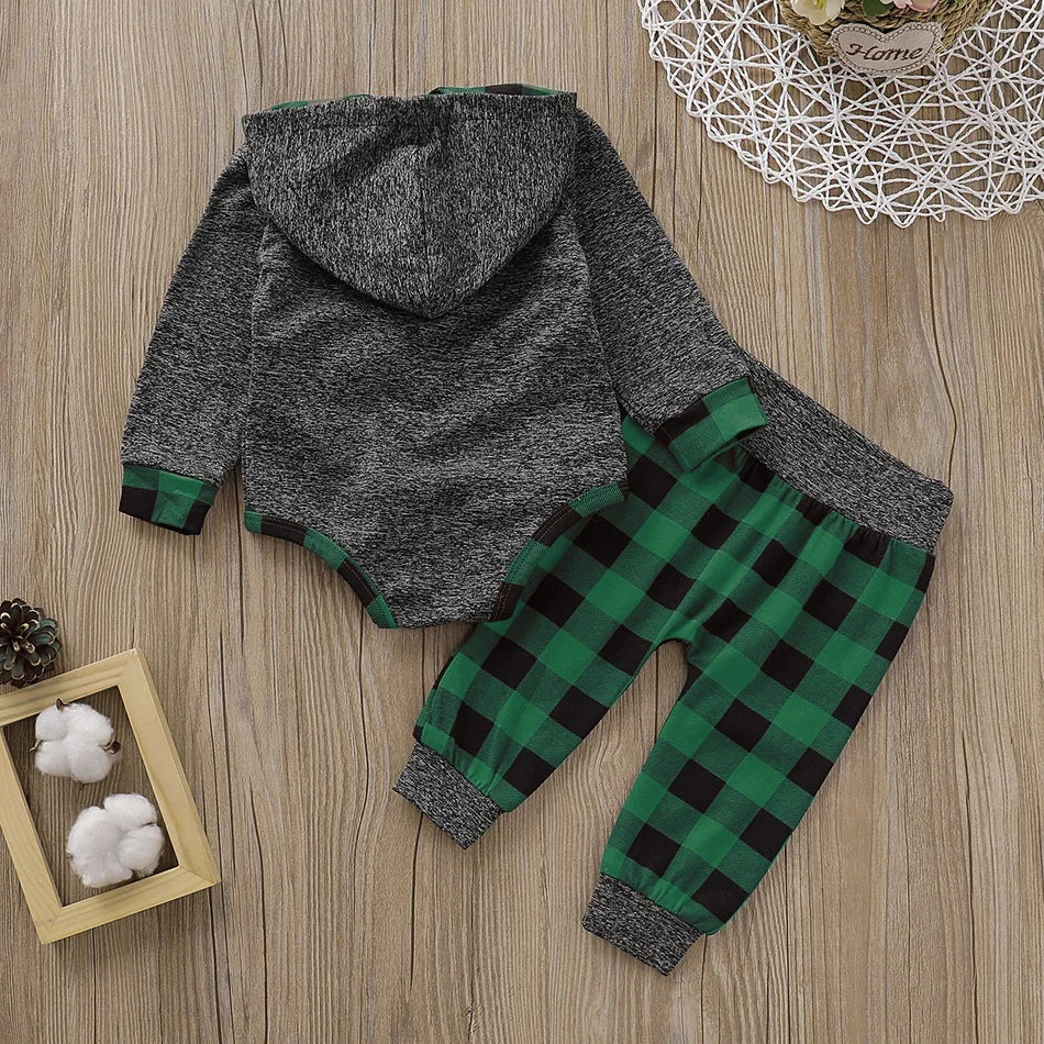 2pcs set- Solid Long-sleeve Hooded Bodysuit and Plaid Print Pants