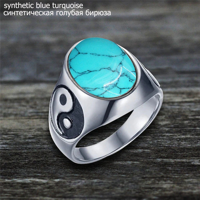 Oval Stainless Steel Yin And Yang Ring with Natural Stone