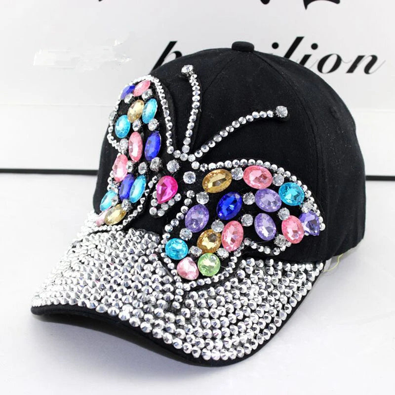 Woman's Denim Rhinestone Base Ball Cap with Full Crystal Bill