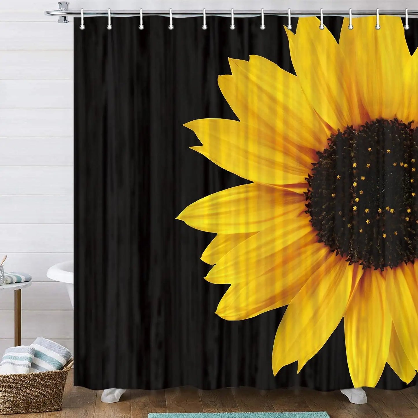 Shower Curtain with hooks - Black with sunflower design