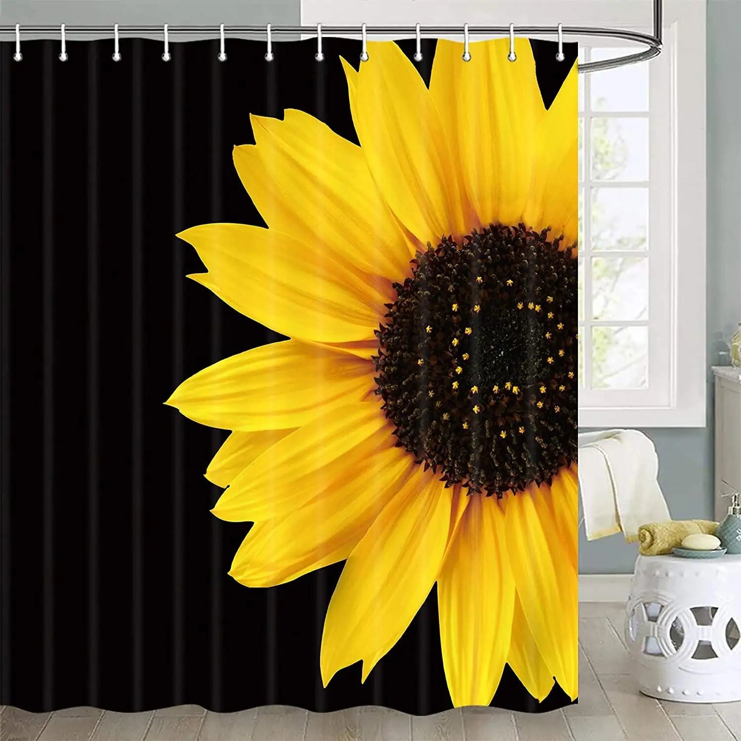 Shower Curtain with hooks - Black with sunflower design