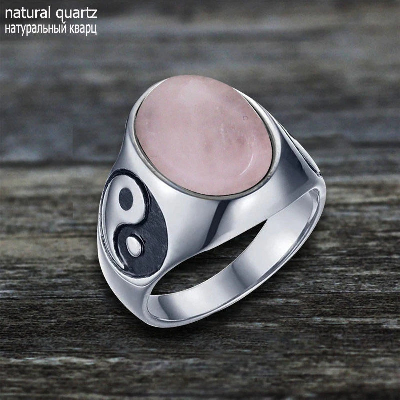 Oval Stainless Steel Yin And Yang Ring with Natural Stone