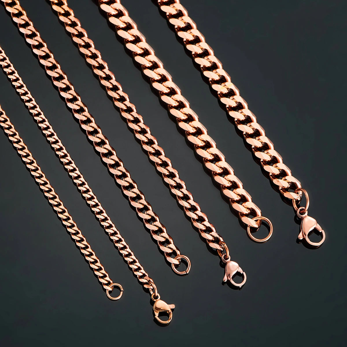 3.6mm/5mm/7mm/ Rose Color Stainless Steel Cuban Link Chains Necklace -14 to 30 Inches