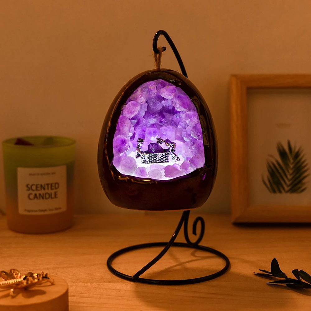 1PC Natural Crystal Amethyst Dinosaur Egg Shaped Geode Lamp