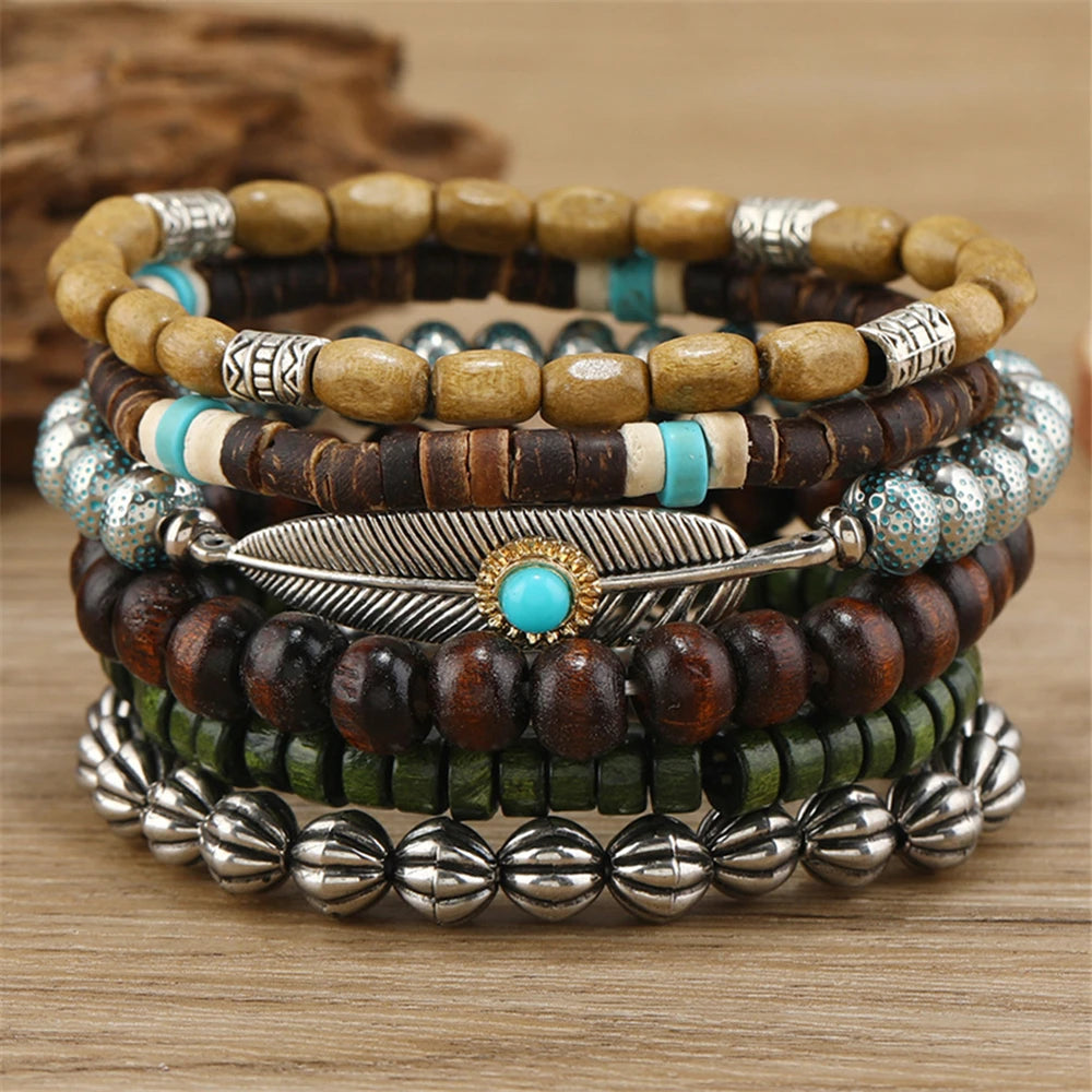 Men's 5-6pc/set Feather Evil Eye Ethnic wood bead tree Charms bracelets