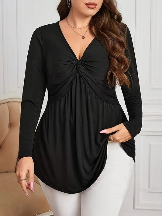 Plus Size Casual Black Twist Front V-neck Long Sleeve Blouse