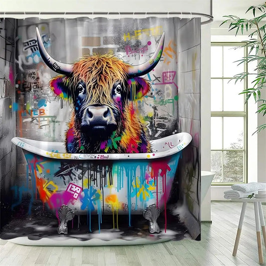 Bath Curtain - Funny Highland Cow Shower Curtains with Hooks