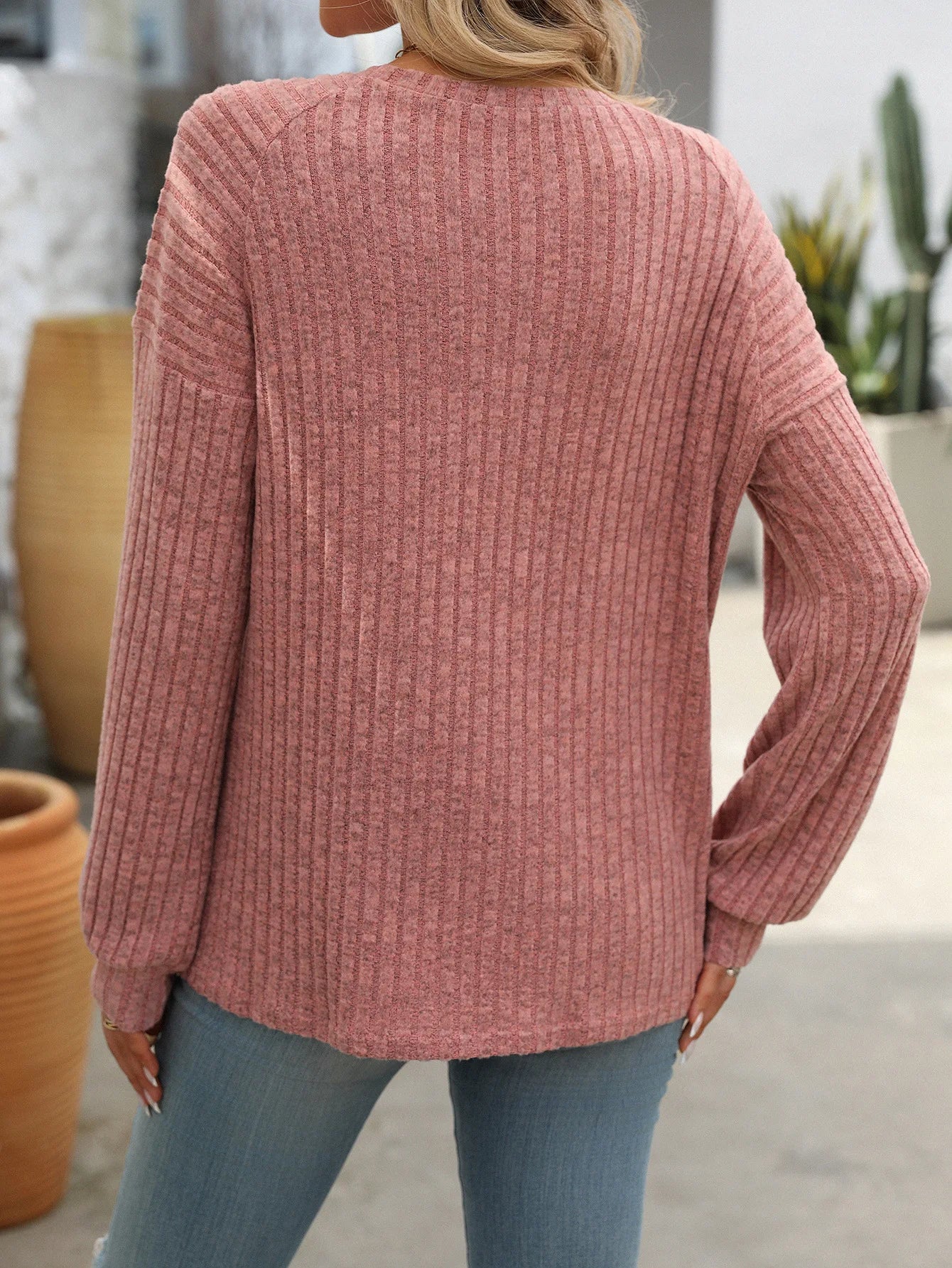 Long Sleeve V-neck Button Knitted Twist T-shirt