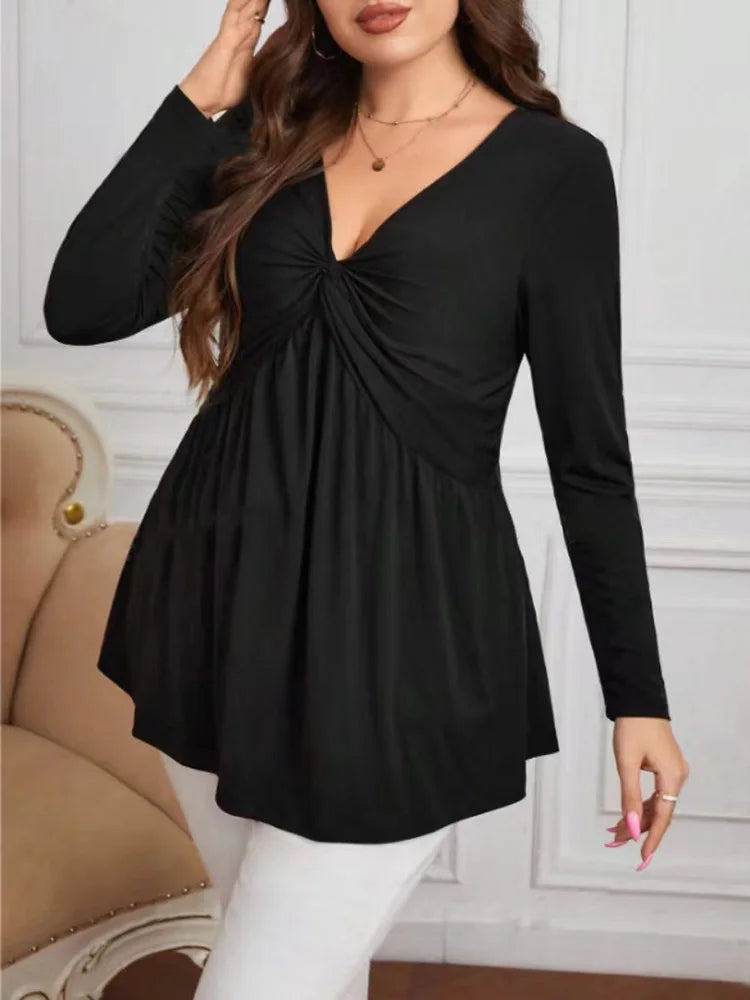 Blusa informal de talla grande con escote en V y manga larga, color negro